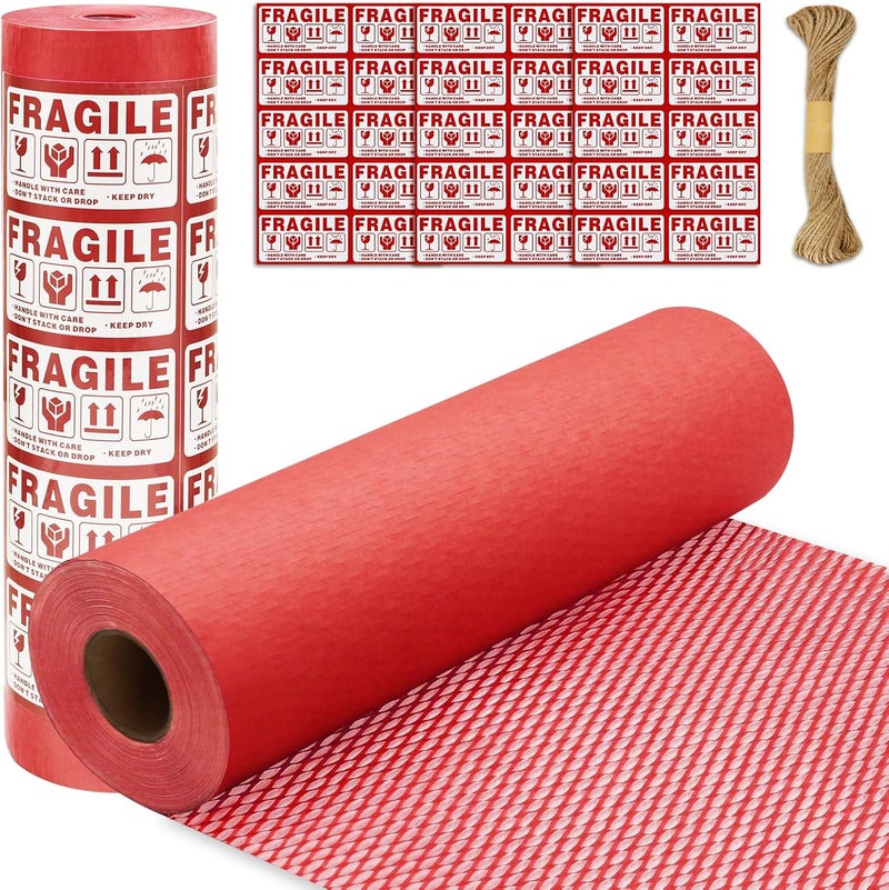 Pine nuts Honeycomb Packing Paper 15" x 131' Eco Friendly Packing Paper for Moving Recyclable Honeycomb Paper Bubble Paper Wrapping with 30 Fragile Sticker Labels and 66fthemp rope (Red) - Image 1
